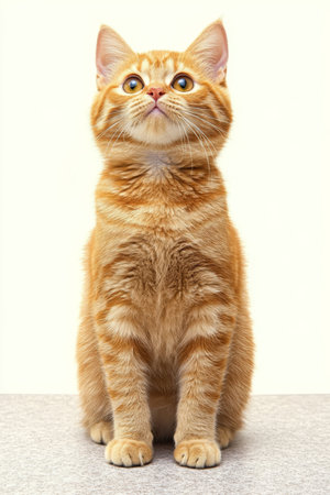 Curious Ginger Tabby Cat Sitting in a Studio, Isolated on White Background, Animal Portrait.の素材
