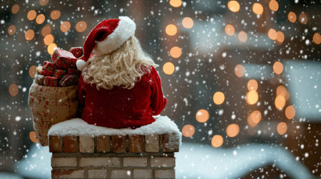 Waiting for Christmas Santa Claus with Sack Full of Gifts on Snowy Rooftop with City Bokehの素材