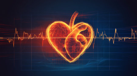 Glowing Anatomical Heart On Grid Background With EKG Healthcare, Cardiology, And Medical Concept.の素材