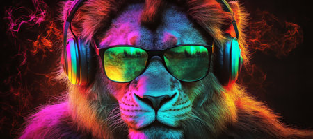 Cool Psychedelic Portrait of a Party Lion with Headphones and Sunglasses on, Neon Lights Glowの素材