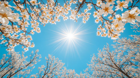 Springtime Glory Tree Branches Adorned with White Blossoms Encircling a Radiant Sun and Skyの素材
