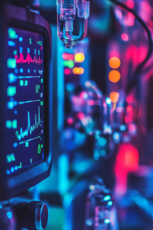 Fluctuating Vitals Modern Medical Monitor In Blurry Clinical Environment With Copy Spaceの素材