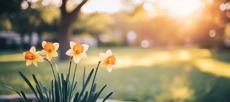 Yellow Daffodils Blooming In Sunny Meadow On Blurred Background With Copy Space for Text Placementの素材