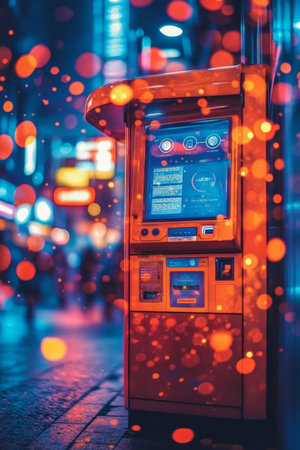 Urban Night Life, Smart City Kiosk, Digital Display, Technology Integration, Charging Station.の素材