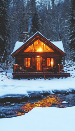 Cozy Log Cabin in Snowy Winter Wonderland with Glowing Windows and a Serene Forest Backdropの素材