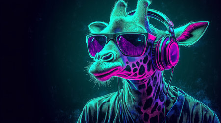 Cool Neon Party Giraffe DJ Wearing Headphones and Sunglasses, 80s Retro Synthwave Styleの素材