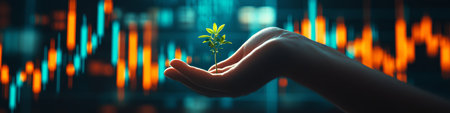 Tiny Green Sprout Held in Hand, Symbolizing Growth and Success, Against Stock Market Graphの素材