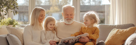 Three Generations United Grandfather Sharing Photo Album Memories with Granddaughtersの素材