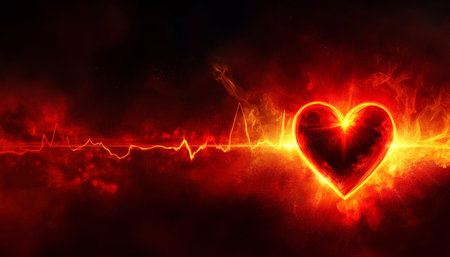 Burning Heart EKG Line on Fire, Neon Style Illustration of Passion, Love, and Healthcareの素材