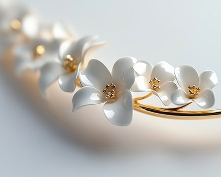 Delicate white porcelain flowers with golden stamen on a curved gold branch, isolated on white.の素材