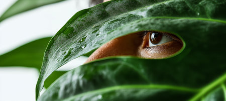 Woman s Eye Peeking Through Lush Tropical Monstera Leaf, Emphasizing Beauty and Nature Connectionの素材