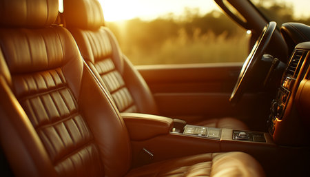 Luxurious Leather Interior of a Modern SUV Bathed in Golden Sunset Light, With Copyspaceの素材