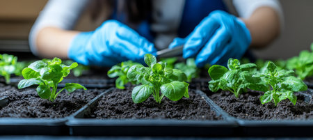 Woman Using Gardening Tools Tending to Herbs in Seed Trays, Freshly Planted Seedlingsの素材