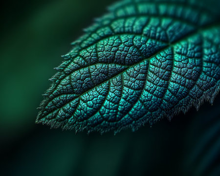 Close Up of Vibrant Green Leaf With Intricate Vein Structure, Lush Foliage Backgroundの素材