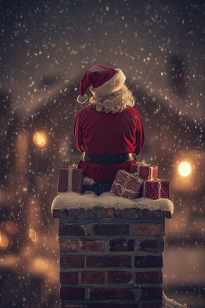 Santa Claus Taking A Break, Sitting On A Chimney On Snowy Christmas Night With City Lightsの素材