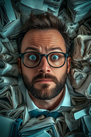 Overwhelmed Businessman Drowning In Paperwork, Stressed Office Worker Buried Under Filesの素材