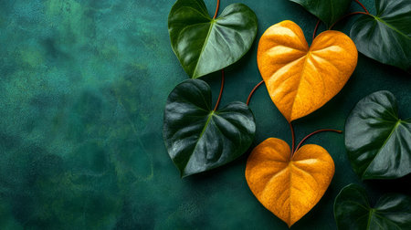 Green and Golden Yellow Heart-Shaped Tropical Leaves on a Textured Green Background, Nature Backdropの素材