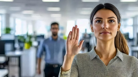 Stop, Unease, Boundaries Woman Makes Stop Gesture In Office, Concept Of Respect And Personal Spaceの素材