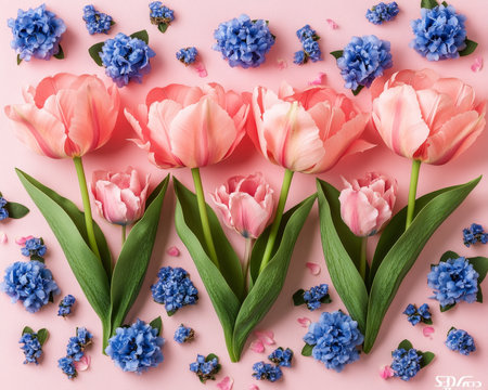 Spring Floral Arrangement, Pink Tulips and Blue Blossoms on Pastel Background, Natural Lightの素材