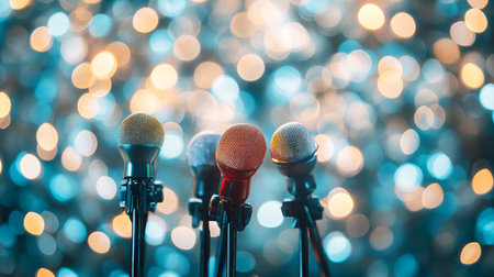 Close-Up of Retro Microphones on Stage, with Sparkling Bokeh Background for Live Entertainment.の素材