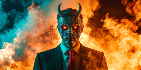 Portrait of a Man Wearing a Devil Mask, Horns, Suit, and Red Tie, Dramatic Fire Backgroundの素材