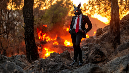 Dapper Figure in Rabbit Mask and Suit Stands Before Raging Wildfire At Sunset, Surreal Portraitの素材