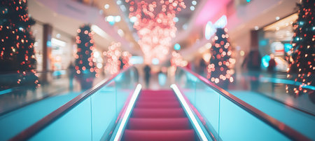 Glowing Holiday Escalator Festive Department Store Shoppers in a Blur of Motion and Christmas Cheerの素材