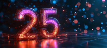3D Number 25 With Futuristic Digital Glow On A Gradient Blue To Red Abstract Backgroundの素材