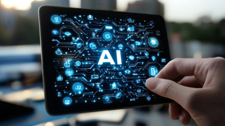 Artificial Intelligence Concept Hand Holding Tablet Displaying Glowing AI Circuitry and Iconsの素材