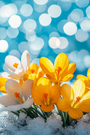 Spring s First Bloom A Bouquet of Colorful Crocuses Emerge from Snowy Ground, Sunlight Bokehの素材