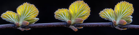 Backlit Translucent Spring Foliage, Colorful New Leaves Emerging on a Branch, Isolated on Blackの素材