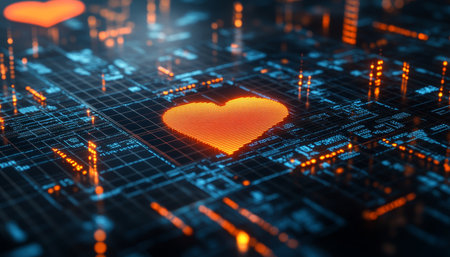 Glowing Red Digital Heart - Healthcare Technology, Telemedicine. on Digital Blue Grid.の素材
