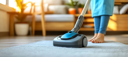 Woman Vacuuming Carpet in Living Room Illuminated by Natural Light, House Cleaning Conceptの素材