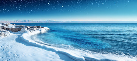 Winter Wonderland, Frozen Coastline with Sparkling Snow, Serene Water Under Starry Skyの素材