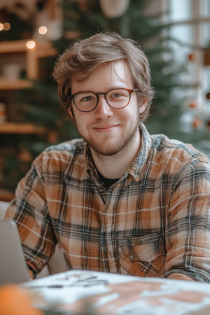 Smiling Young Man with Glasses Enjoys Work from Home During the Festive Holiday Season.の素材
