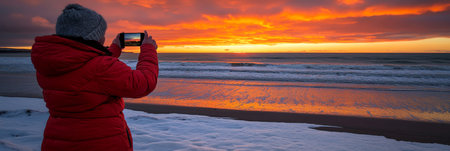 Woman Taking Photo Of A Fiery Winter Sunset Over Ocean Waves With Snowy Beach In Foregroundの素材
