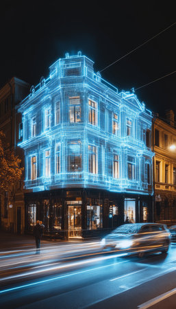Historic Building with Digital Grid Overlay Architecture Night Cityscape and Blurred Car Lightsの素材