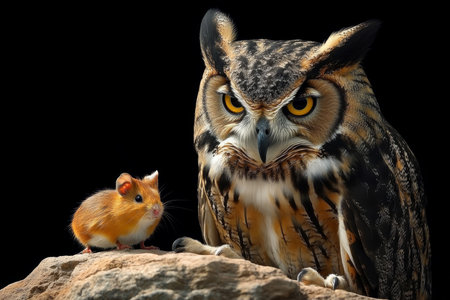 Owl and Mouse, Predator and Prey A Wildlife Portrait of Power Dynamics on Black Backgroundの素材