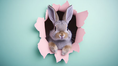 Cute Easter Bunny Peeking Through a Torn Hole in Pastel Background. Easter Holiday Concept.の素材