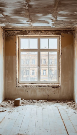 Empty Room Under Renovation Exposed Wall, Sunlight through Window Filling Space with Debrisの素材