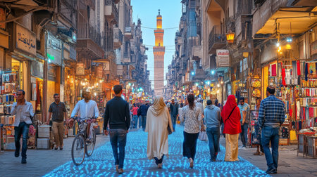 Cairo s Khan El Khalili Market Awash in Digital Blue Light Network at Twilight, Egyptの素材