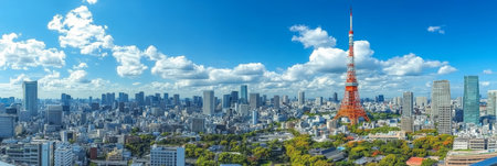 Panoramic View of Tokyo Tower and the Vast Cityscape Under a Bright Blue Sky, Tokyo, Japan.の素材