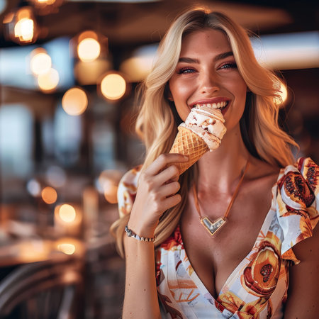 Beautiful Woman with Long Blonde Hair Enjoys an Ice Cream Cone in a Cozy Cafe Atmosphereの素材