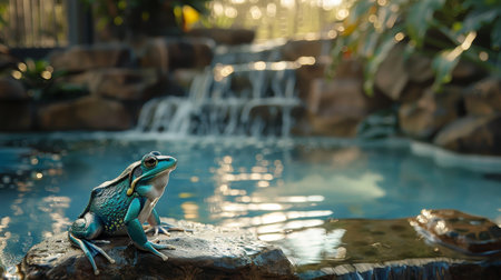 Tranquil Oasis Serene Blue Poison Dart Frog on Rock by Waterfall Reflecting Sunlightの素材