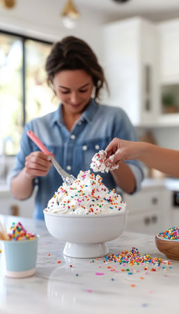 Woman Mixing a Large Bowl of Sweet, Sprinkle-Covered Dessert in a Bright, Modern Kitchenの素材