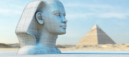 Wireframe Model of The Great Sphinx with The Majestic Pyramids of Giza in a Serene Desert Landscapeの素材