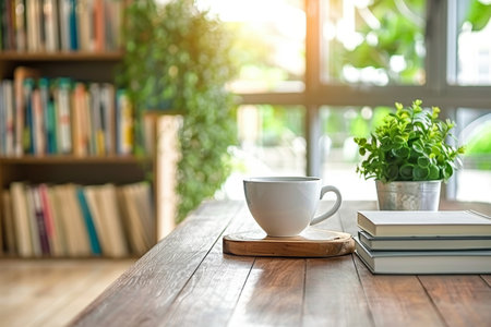 Sunny Morning Routine A Cup of Coffee with Books in a Cozy Home Interior with Plantsの素材