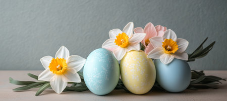 Easter Spring Still Life Delicate Pastel Easter Eggs and White and Peach Daffodils on Tableの素材