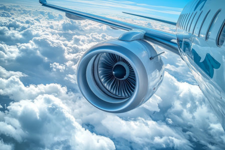 Aircraft Engine Against a Cloudy Sky Commercial Air Travel, Flight Technology, and Turbine Powerの素材