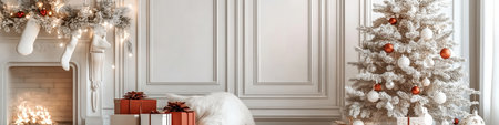 Christmas Tree and Gifts by Fireplace, White Minimalist Scandinavian Interior, Living Roomの素材